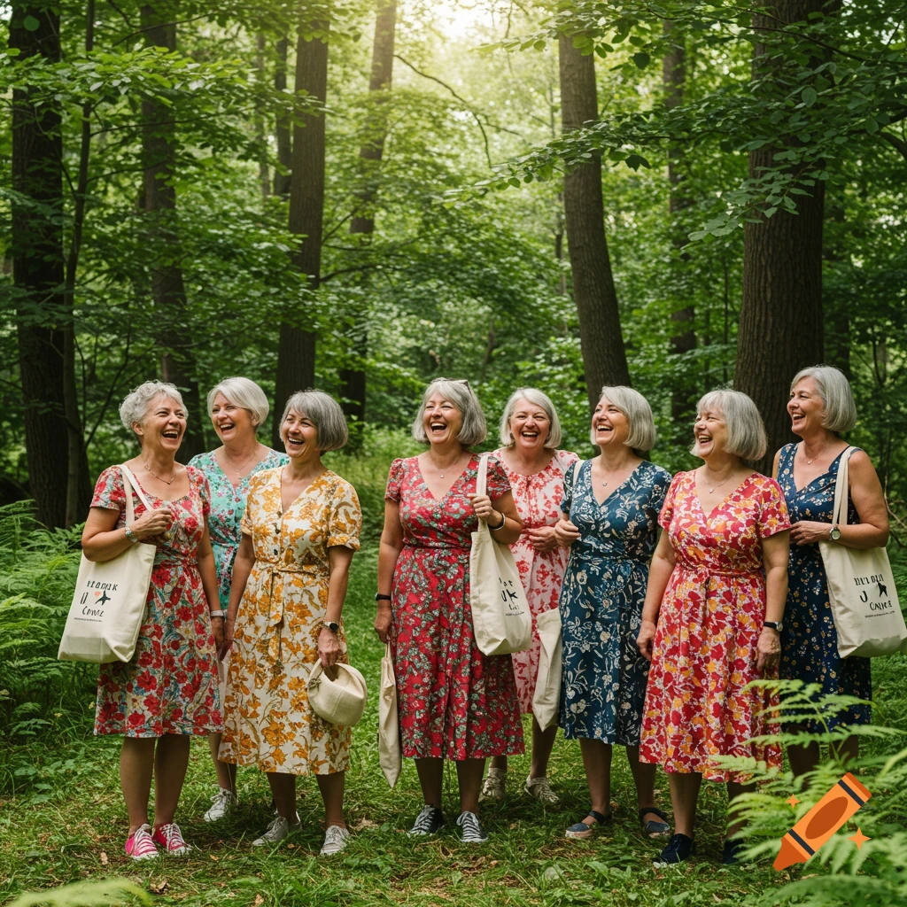Group of older women in sundresses and sneakers laughing in a forest, carrying tote bags. Photorealistic.