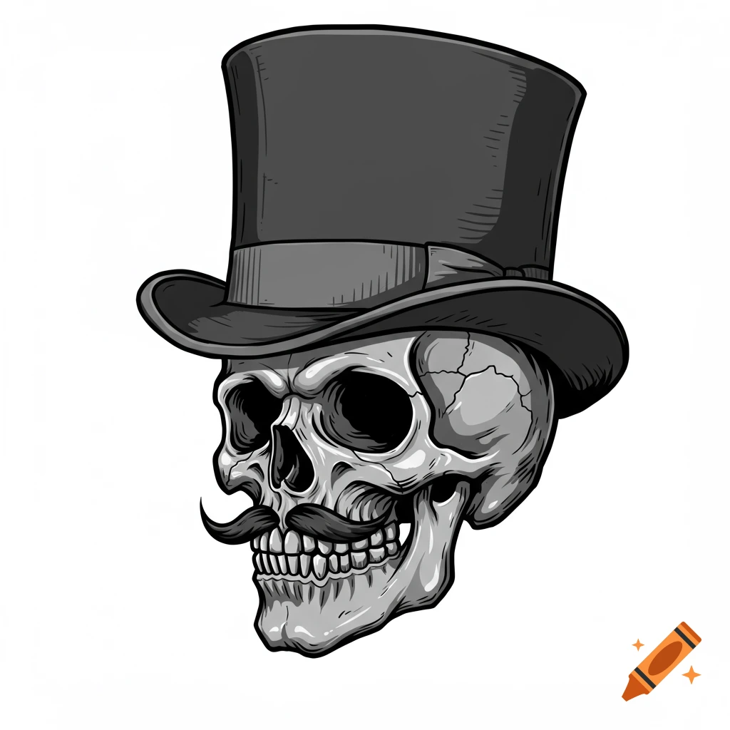 Grayscale illustration of a skull with a top hat and mustache