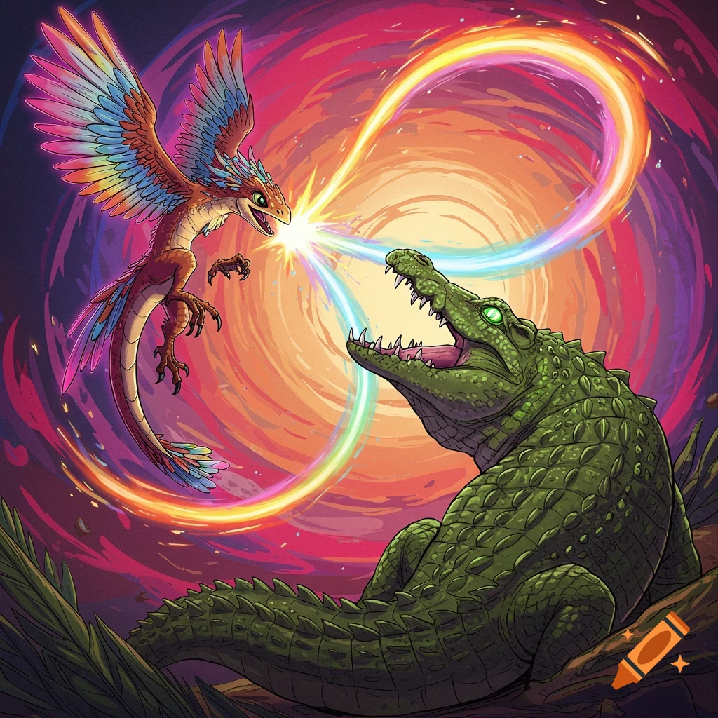 A winged creature battles a crocodile with beams forming an infinity symbol.