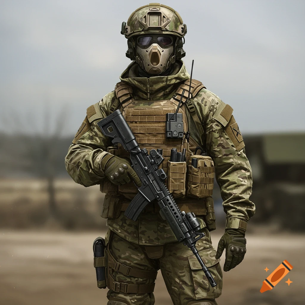 A soldier in tactical gear and face mask holding a rifle.