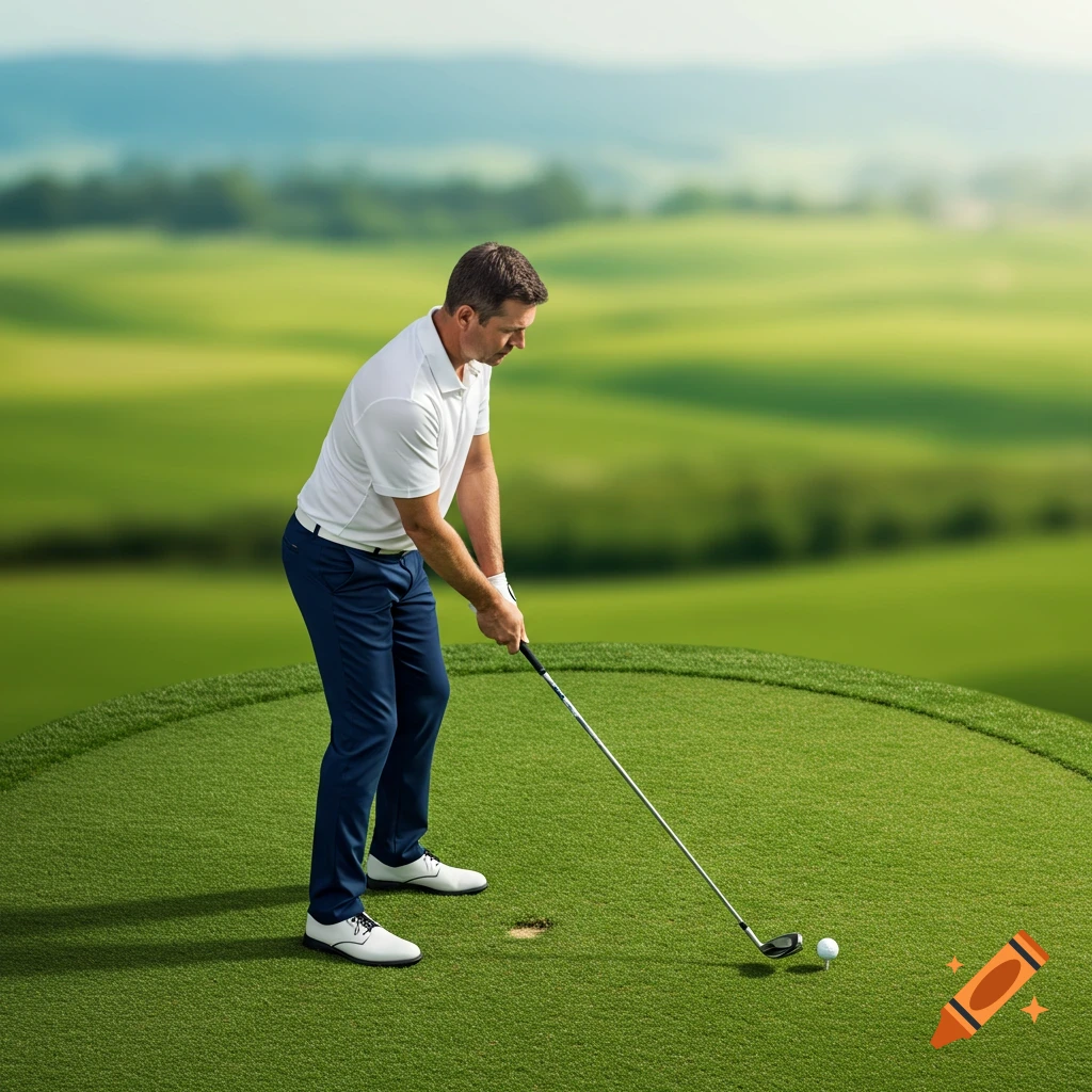 A man playing golf on a green, preparing to hit the ball.