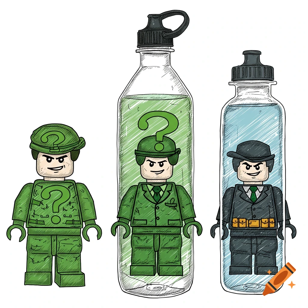 Sketch of Lego Riddler figures and another villain figure with water bottles.