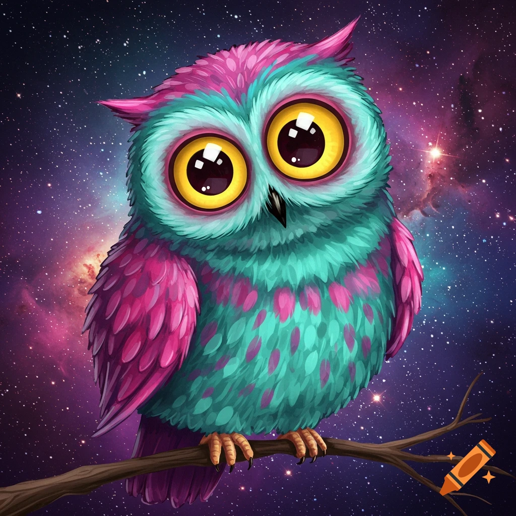 A brightly colored cartoon owl perched on a branch in outer space.