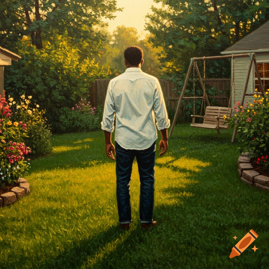 Oil painting of a man standing in a sunny backyard, seen from the back.