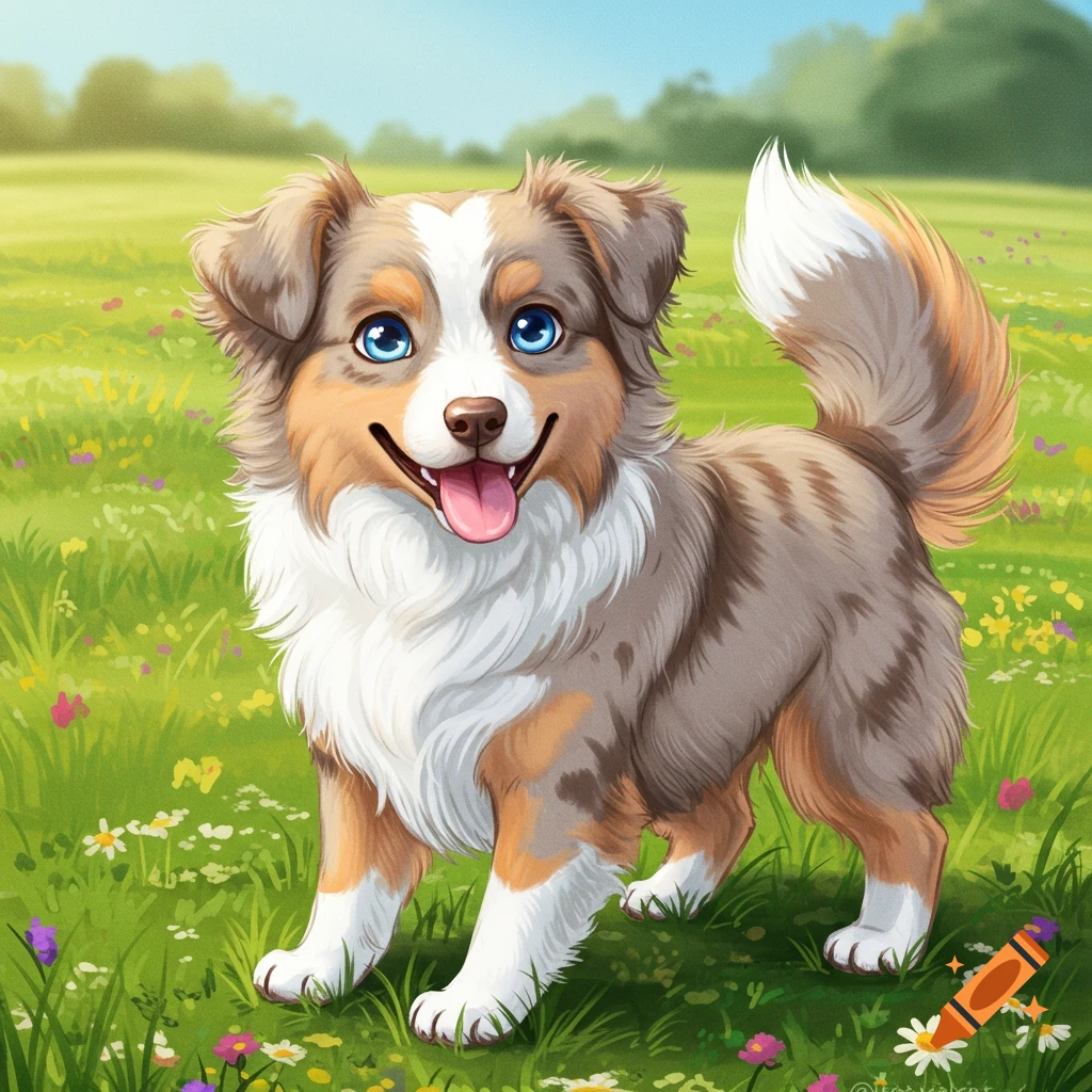 A cute Australian Shepherd dog stands in a sunny green field filled with wildflowers.