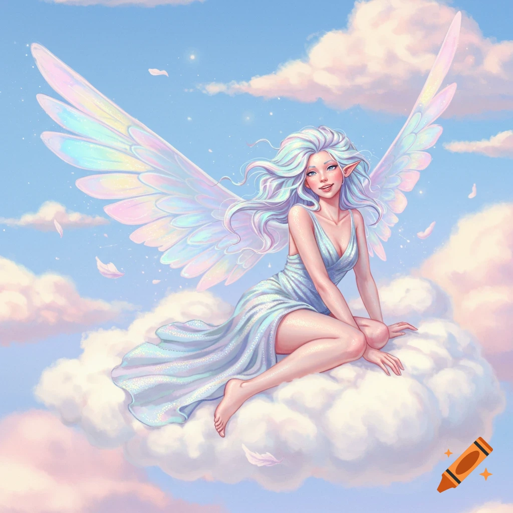 A female wind spirit with iridescent wings sitting on a cloud