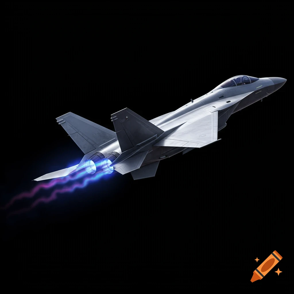A realistic gray fighter jet flies with neon blue and purple engine trails against a black background.