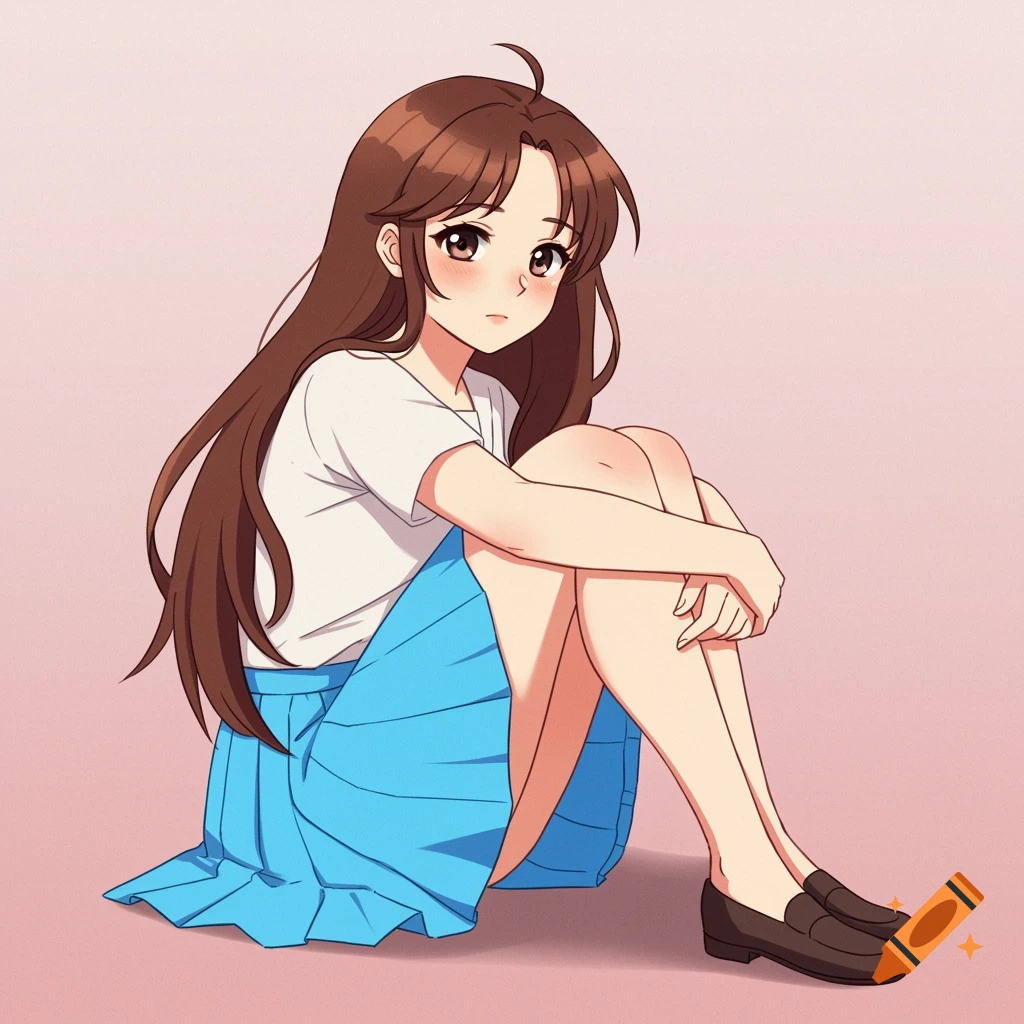 An anime-style illustration of a young girl sitting down, hugging her knees.