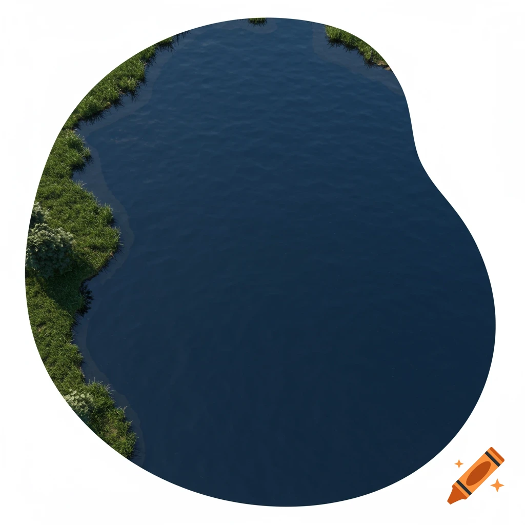 Aerial view of an irregular-shaped pond with grass and vegetation on the left side.