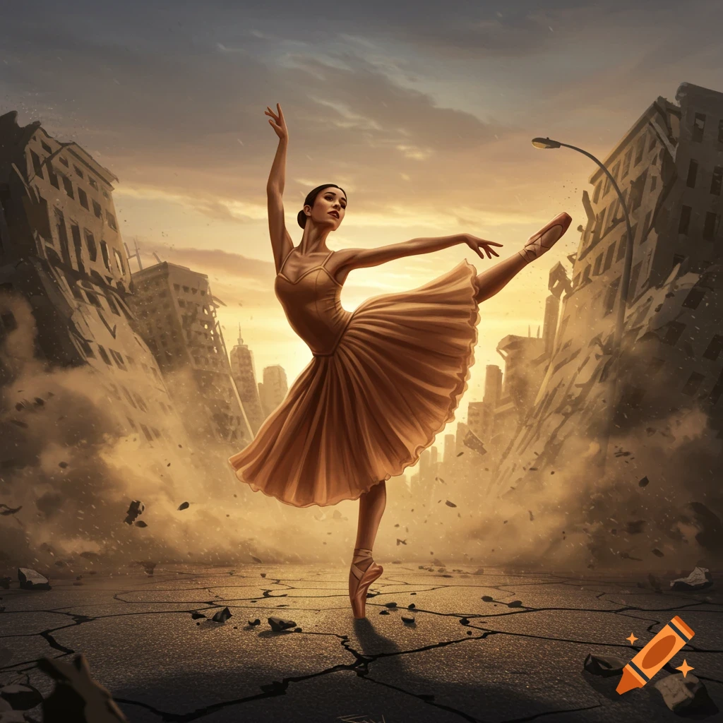 A ballerina dances en pointe amidst the ruins of a city at sunset.