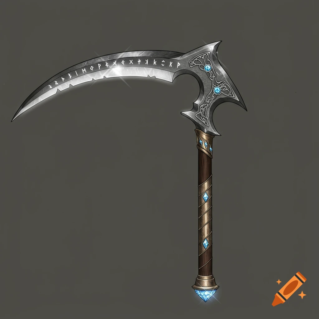 A fantasy scythe with engraved runes and blue gems.