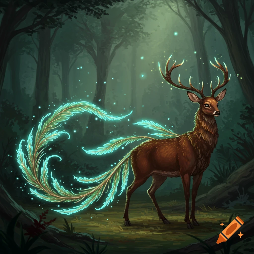 A fantasy deer with a glowing feathered tail stands in a forest.