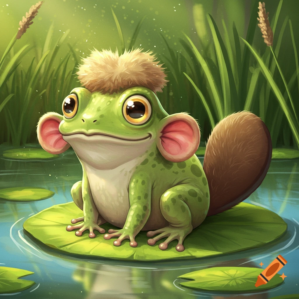 Cartoon frog with big ears, fuzzy hair, and a tail sits on a lily pad in a pond.