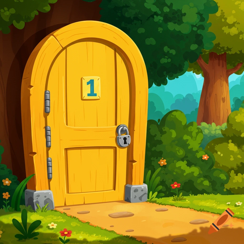 A 2D cartoon of a locked yellow door with the number 1 in a forest clearing.
