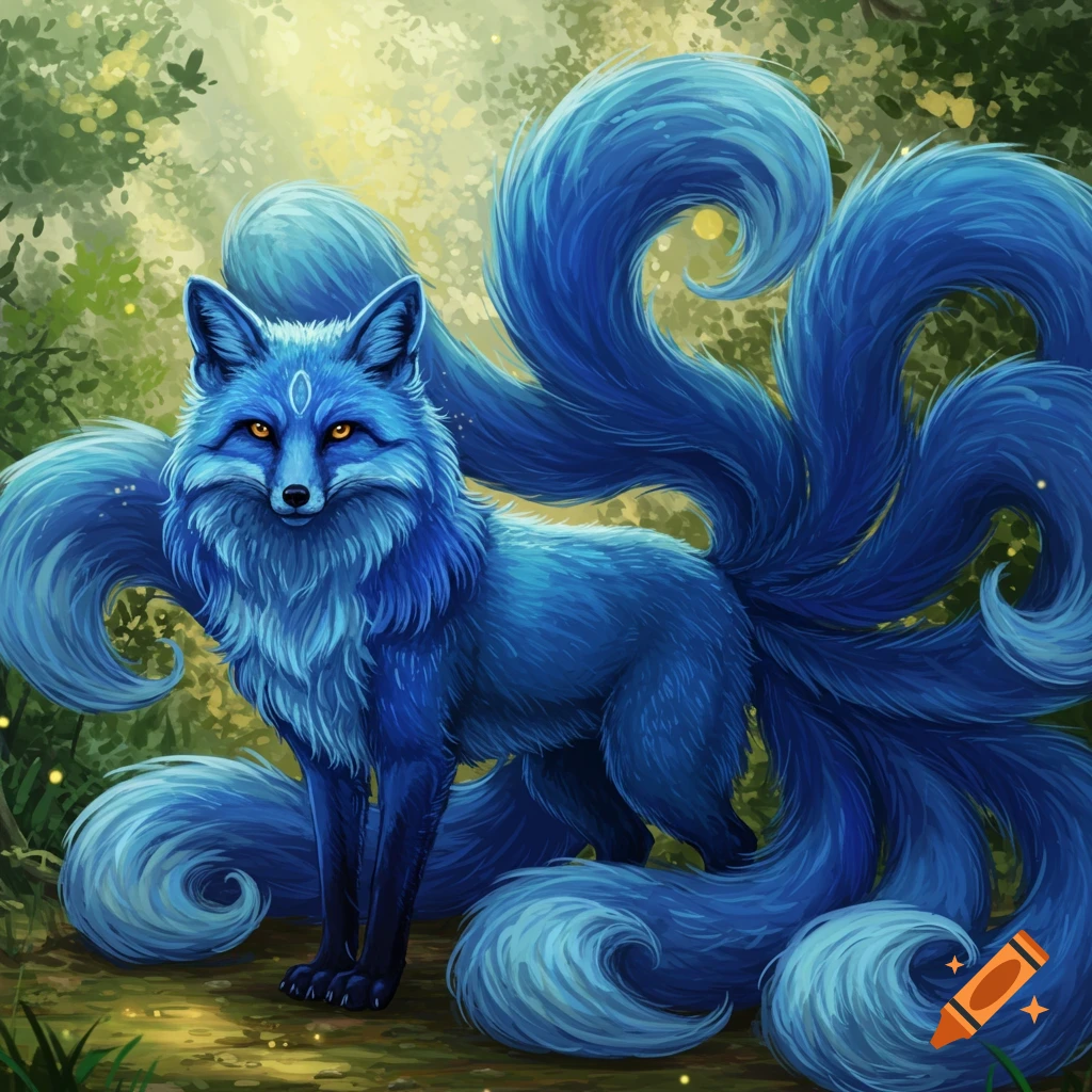 A blue, nine-tailed fox stands in a forest clearing.
