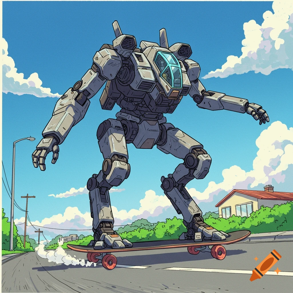 Cel-shaded drawing of a large bipedal mech riding a skateboard on a street.