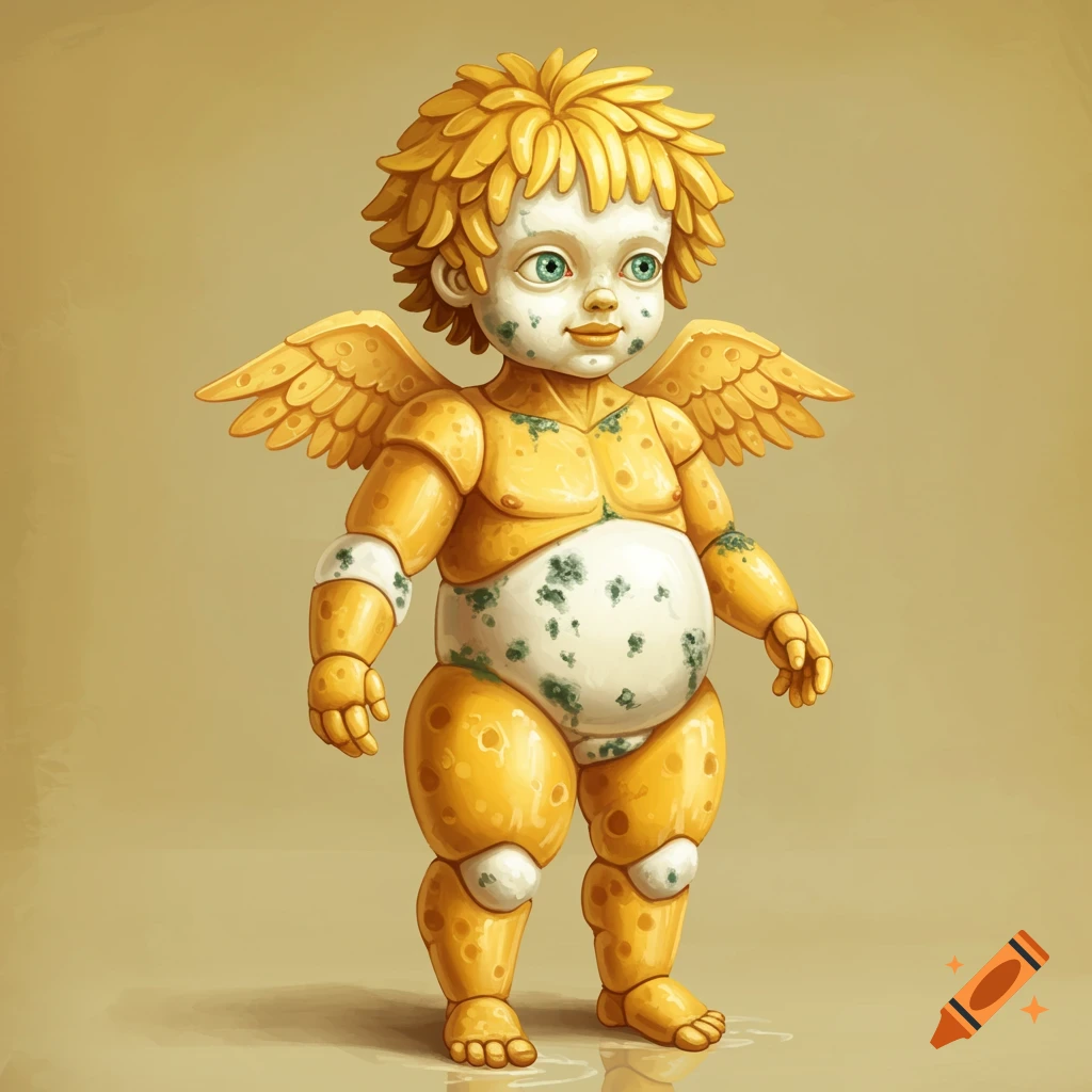 A cherubic boy figure made of different cheeses, in the style of an Italian Renaissance painting.