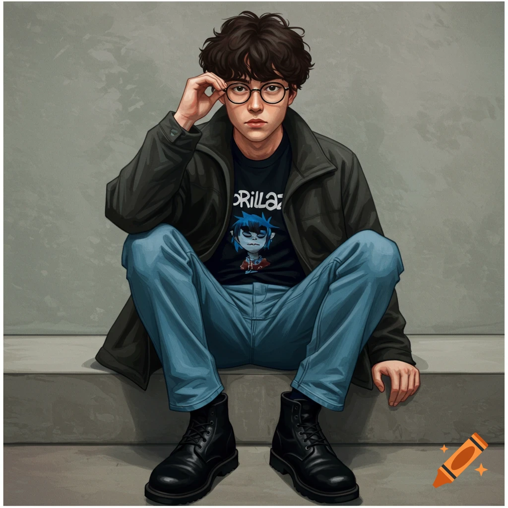 A young man with glasses sitting and adjusting his glasses, wearing a jacket, jeans, boots, and a graphic t-shirt.