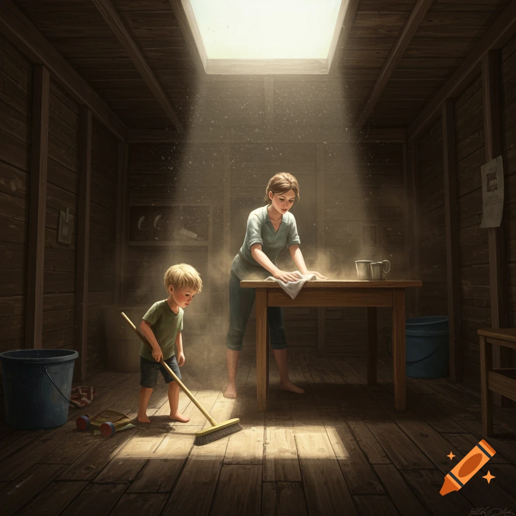 A mother and son cleaning a dusty shed filled with light beams.