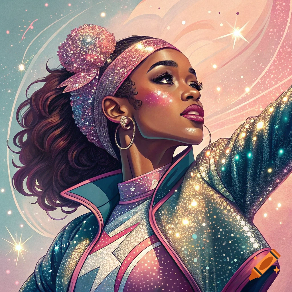 Illustration of a young woman in a glittery jacket and headband, looking up with a sparkling background.