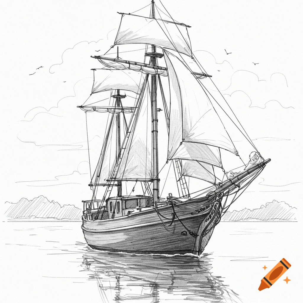 Pencil sketch of a sailing ship on the water