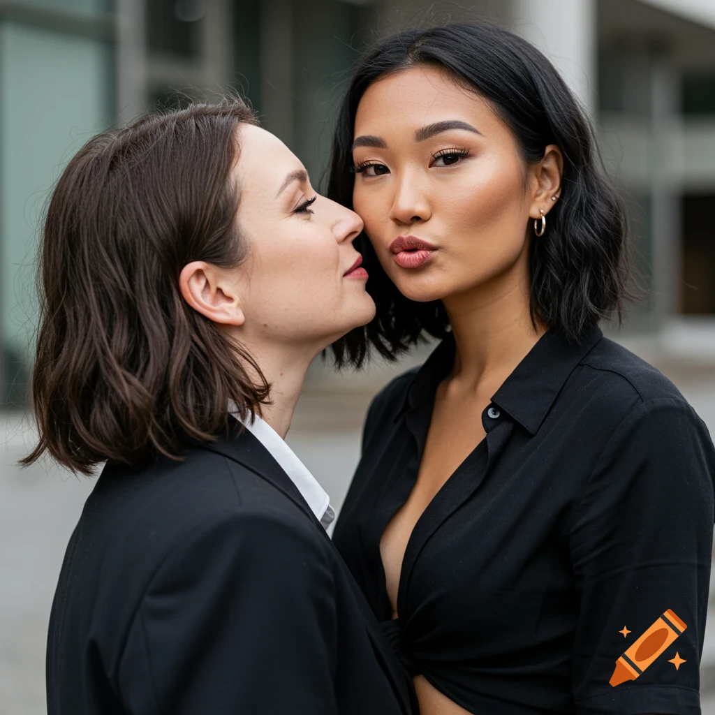 Close-up portrait of two women outdoors, one leaning in towards the other's face.