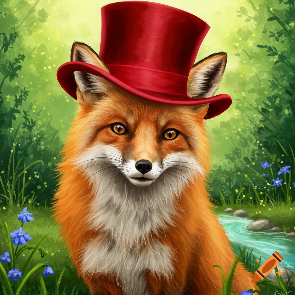 A fox wearing a red top hat in a forest near a stream.