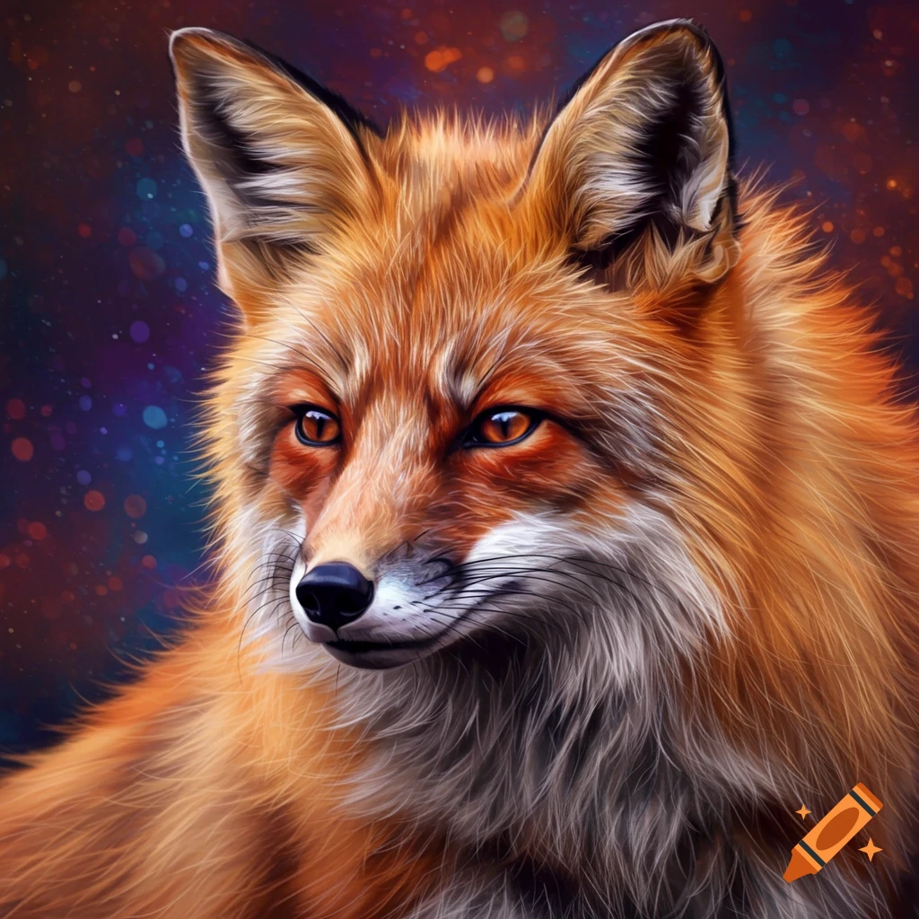 A close-up of a red fox against a colorful, abstract background.
