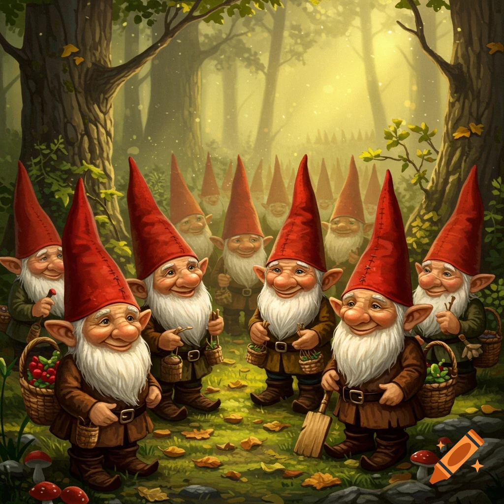 Many gnomes gathered in a sunlit forest clearing, some holding baskets.