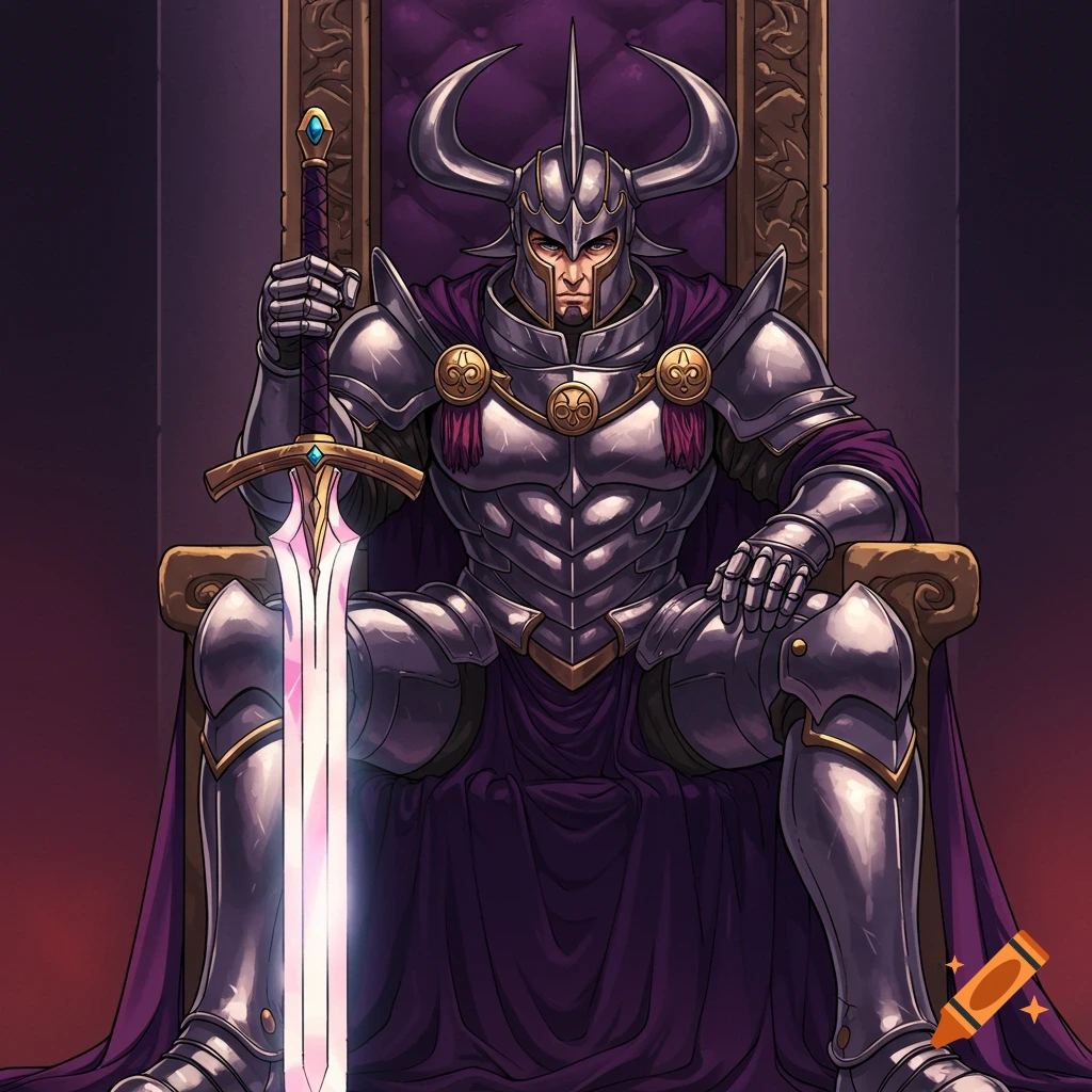Anime style illustration of an armored knight with a horned helmet and purple cape sitting on a throne, holding a glowing sword.