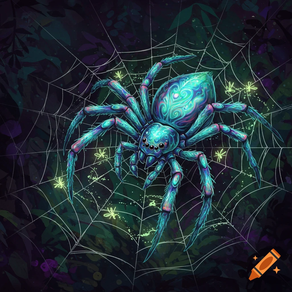 A magical blue and green spider with elaborate markings on a glowing web in a dark forest.