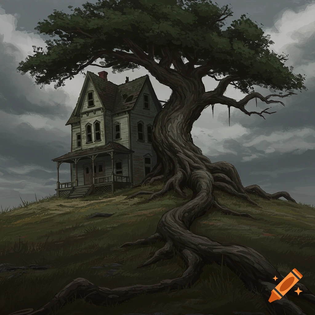 A decaying house on a grassy hill under a cloudy sky, with a large, looming tree with twisted roots.