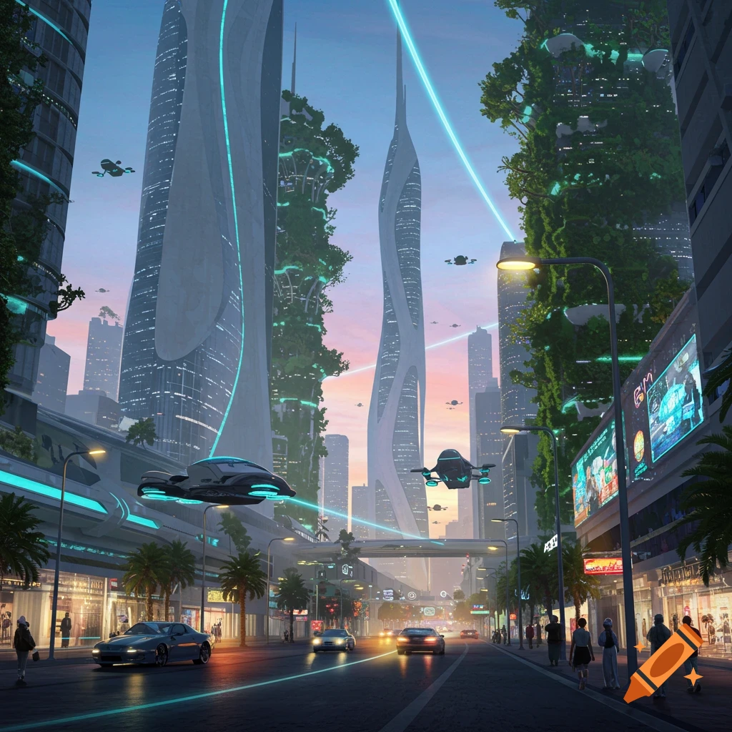 A futuristic city street scene with towering buildings, flying vehicles, ground cars, and pedestrians.