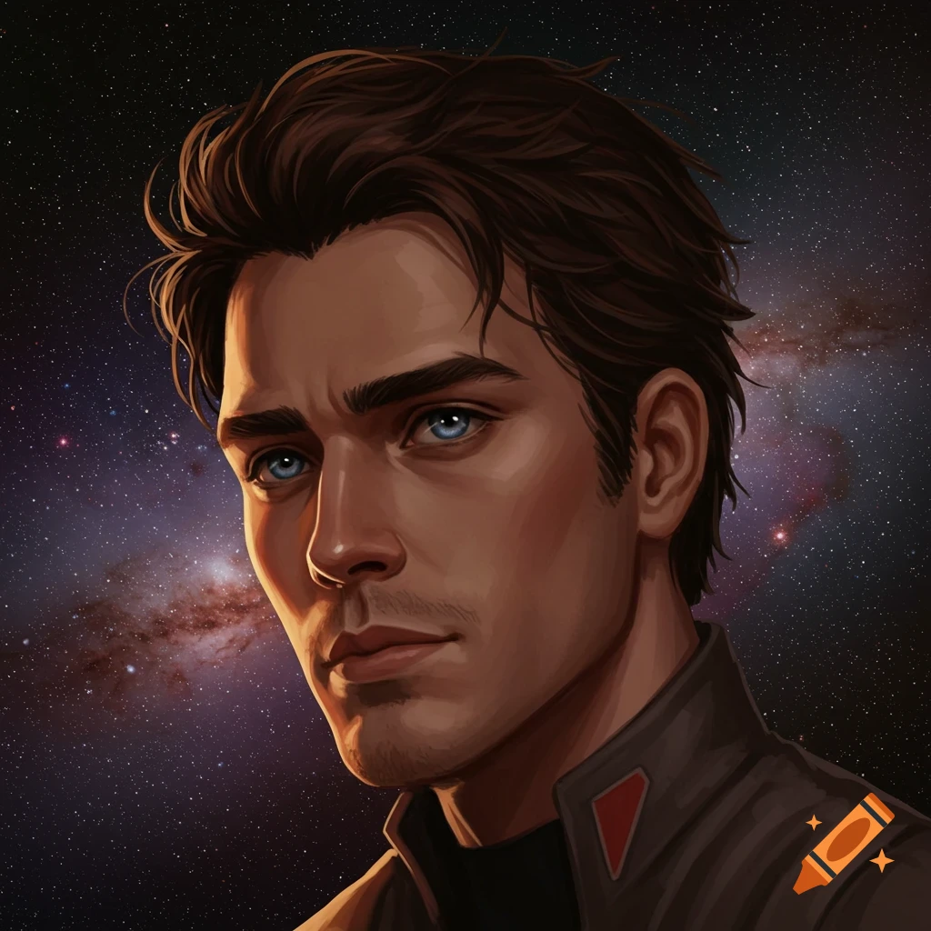 Portrait of a man with blue eyes against a starry space background