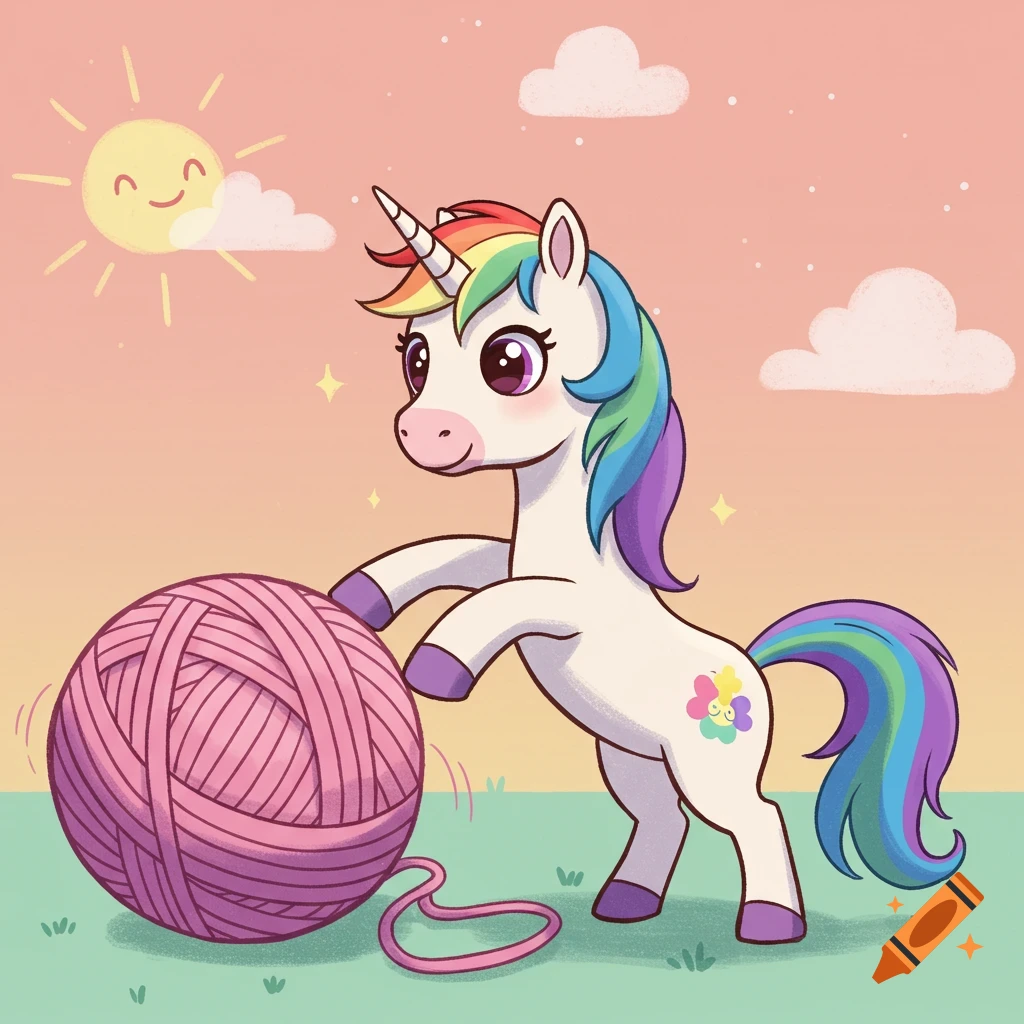 A cartoon unicorn with rainbow hair plays with a giant pink ball of yarn under a smiling sun.