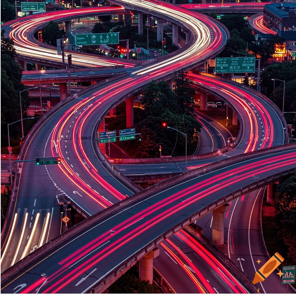 A complex highway interchange at night with red and white car light trails.