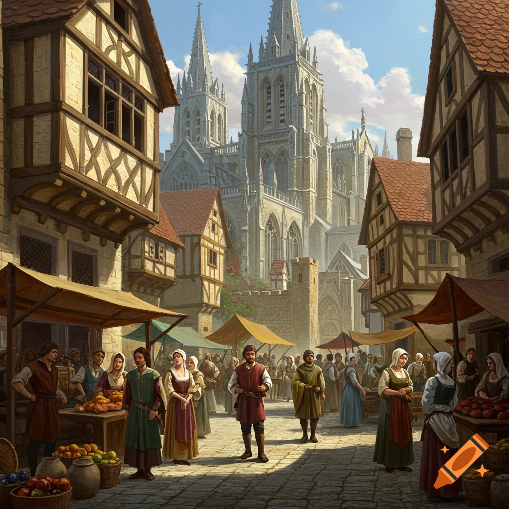 A medieval market scene with people and a large cathedral.