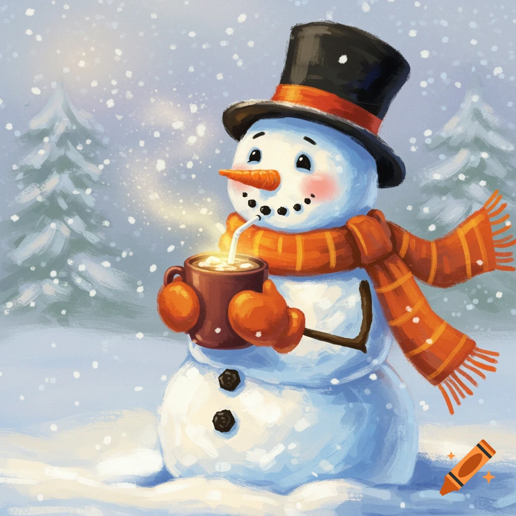 A whimsical image of a snowman in a top hat and scarf sipping hot chocolate in a snowy winter scene.