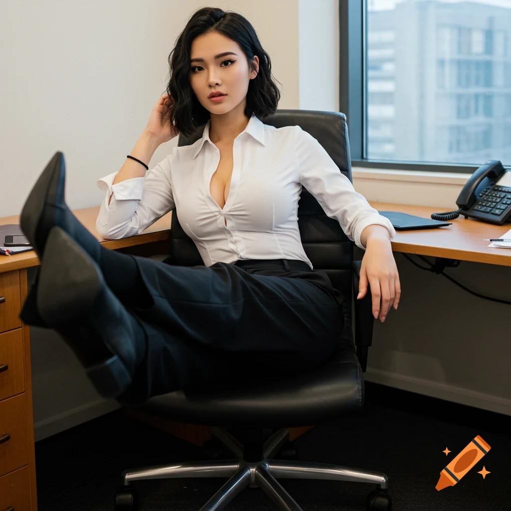 Woman in office chair with feet on desk, white shirt, black pants. Photorealistic.
