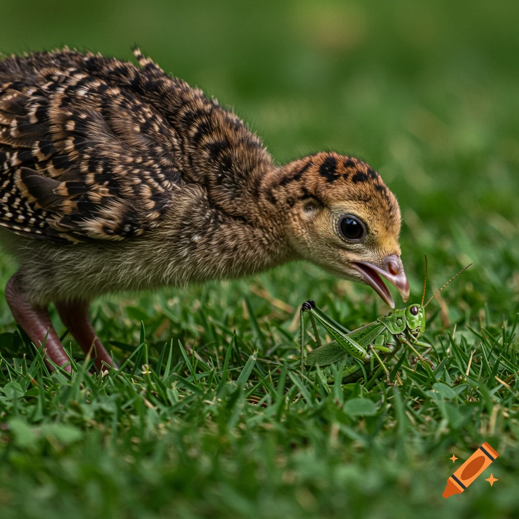 A young turkey poult eyes a large green grasshopper in the grass, captured in a close-up, photorealistic style.
