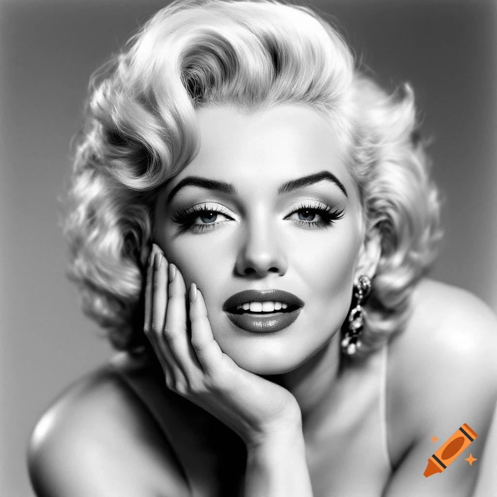 Black and white close-up portrait of a woman resembling Marilyn Monroe with blonde wavy hair and hand resting on her face.