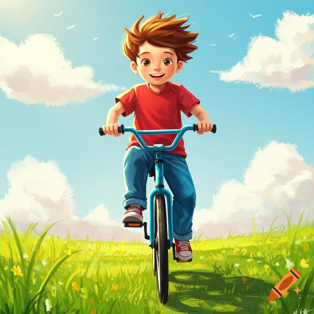 A cartoon boy rides a blue bicycle through a sunny green field under a blue sky.