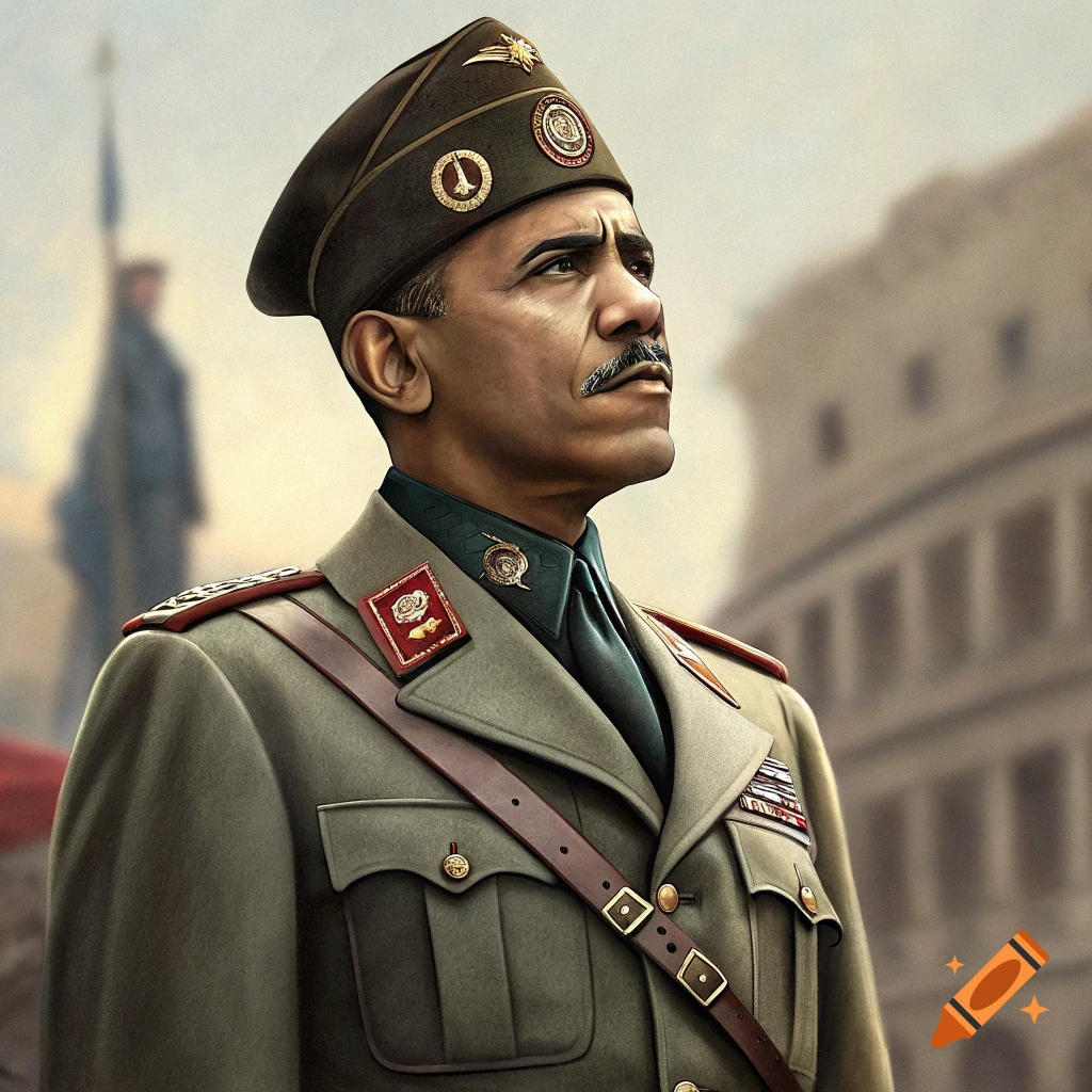 Portrait of Barack Obama in a historical military uniform with cap and mustache