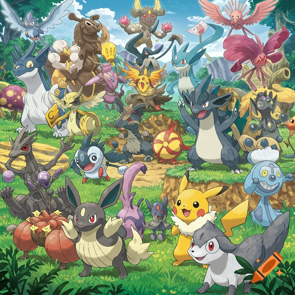 A large group of diverse Pokemon-like creatures gathered in a forest landscape.