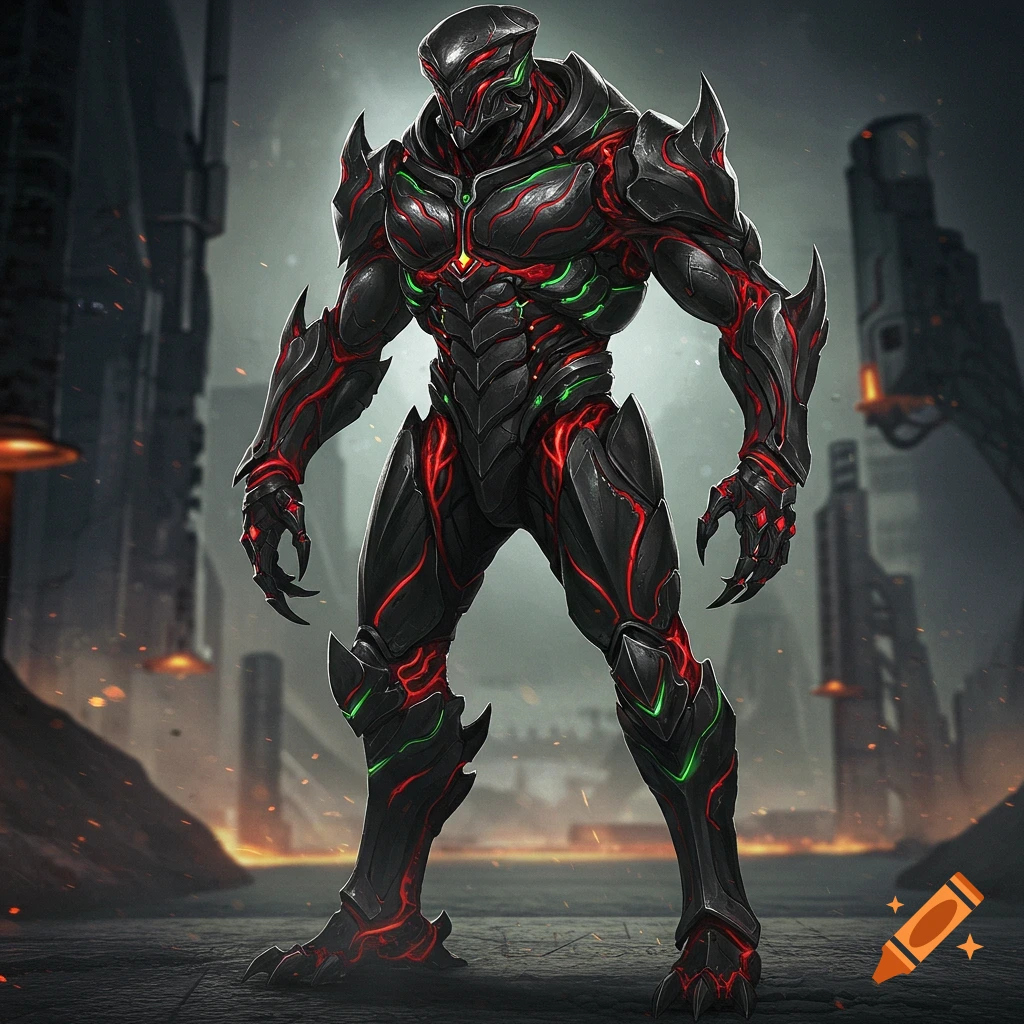 A futuristic warrior in black armor with red and green glowing accents stands in a destroyed city.