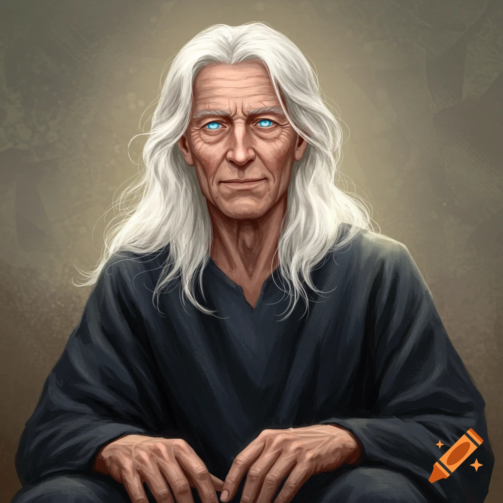 An old man with long white hair and bright blue eyes.