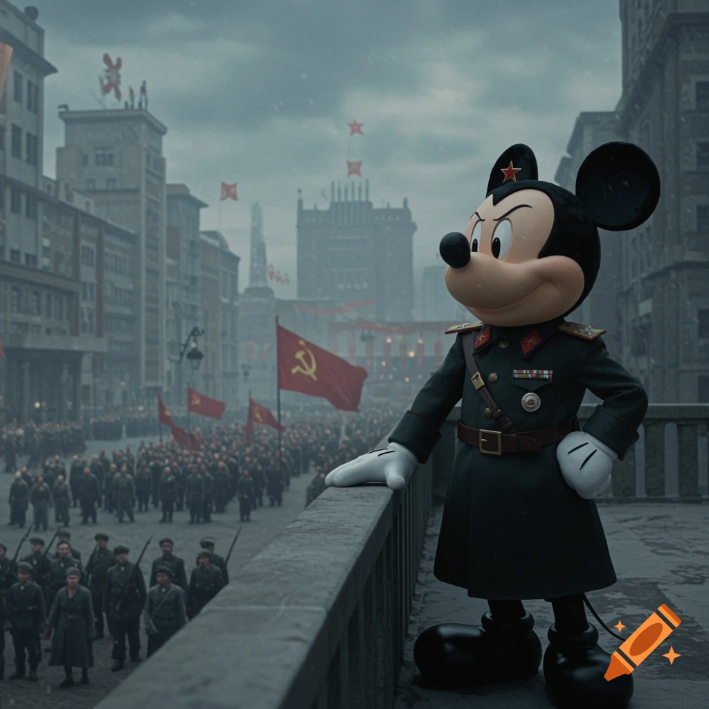 Mickey Mouse in a dark military uniform stands on a balcony overlooking marching soldiers and buildings with communist symbols in a dystopian city, propaganda poster style.