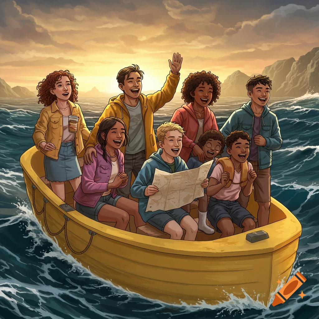 Happy young people in a yellow boat on the sea at sunset