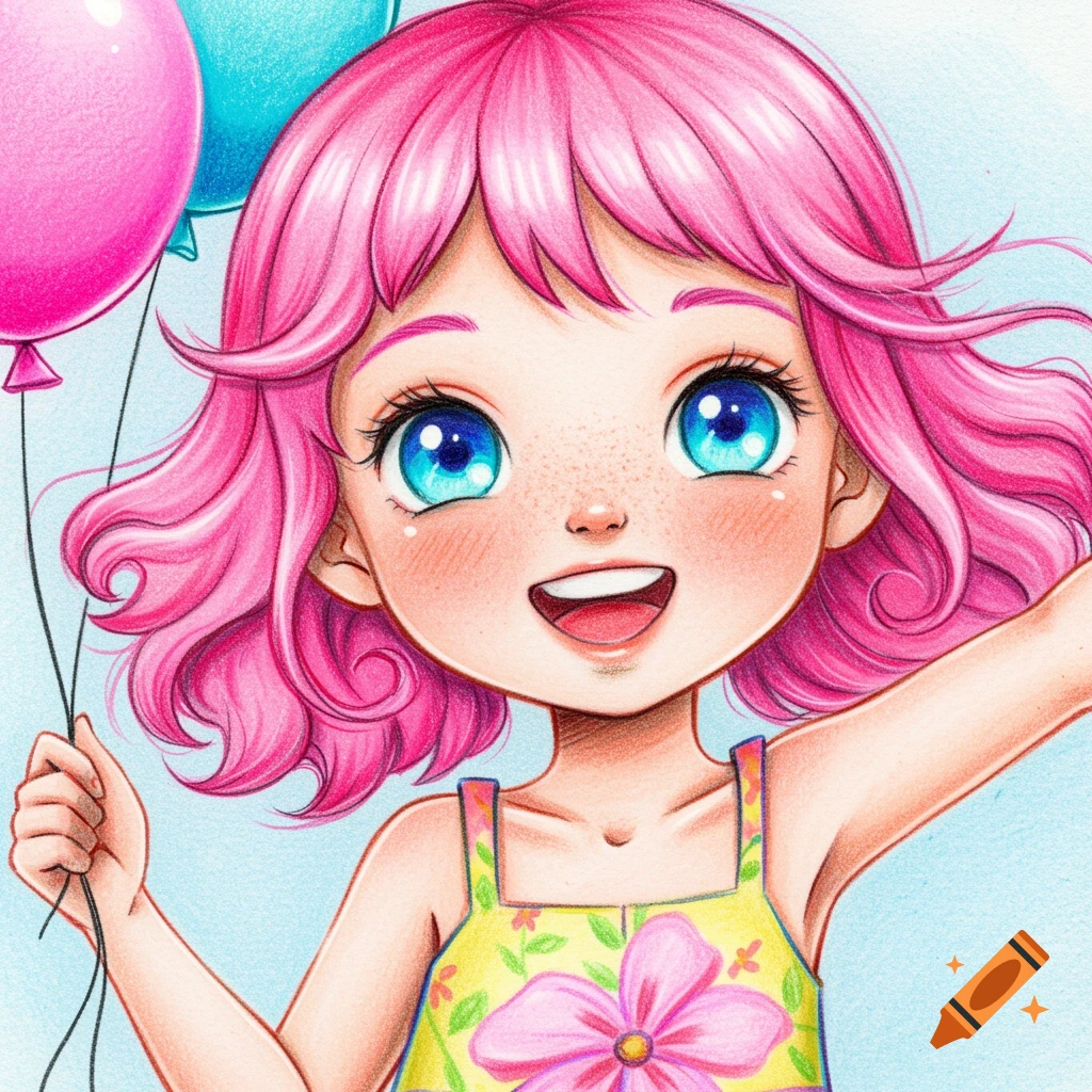 A colorful illustration of a young girl with pink hair and blue eyes holding balloons, rendered in a colored pencil style.