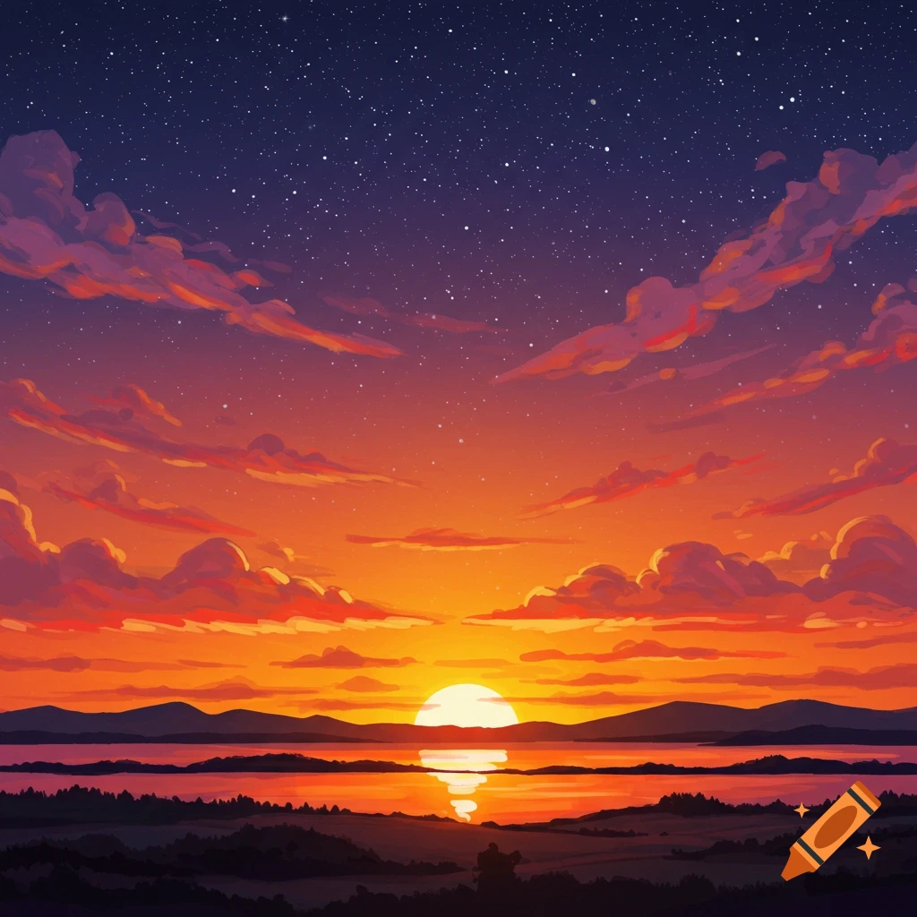 A sunset over a lake with mountains and a starry sky.